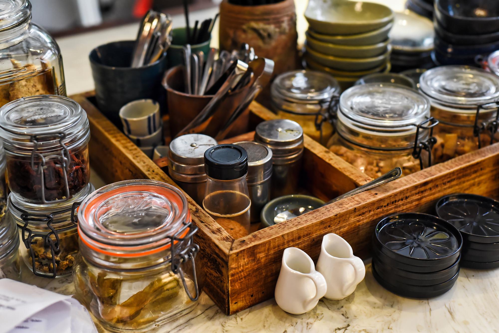 Arranged pantry items for a workshop