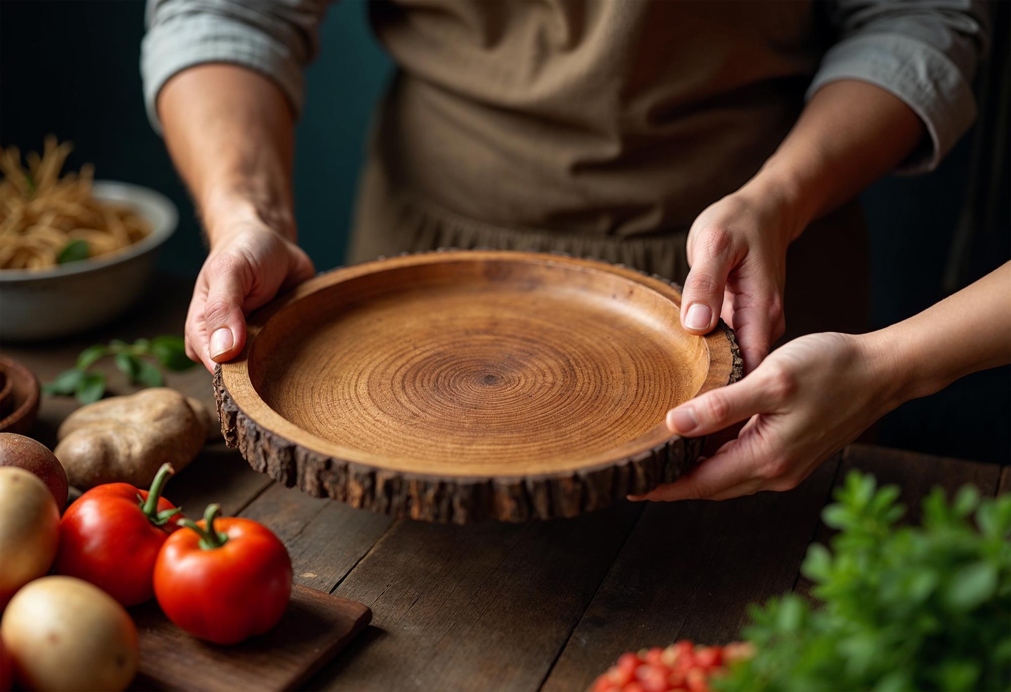 Close-up of hands plating a rustic dish